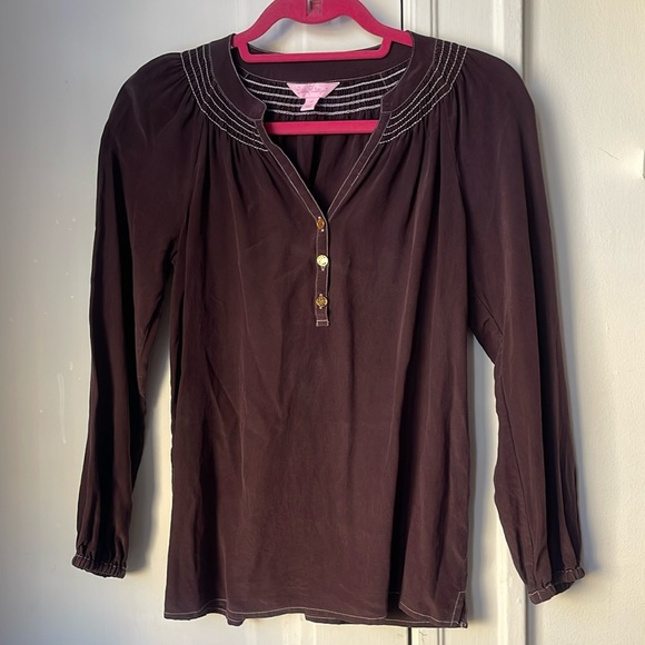 Lilly Pulitzer Tops - Lilly Pulitzer 100% Silk Brown XS Elsa Top Blouse